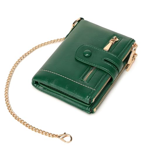Image of AOXONEL Wallets for Women Small Rfid Bifold Leather Ladies Wallet,Travel Billfolds Medium Size Card Holder with Removable Wristlet Chain,Multi-Card Slots,ID Window,Double Zipper Coin Pocket (Green)