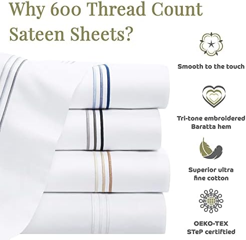 Aston & Arden Sateen Sheet Set - 100% Cotton 600 Thread Count Luxurious Hotel Silky Sheets, Pristine White with Fine Baratta Embroidered 3-Striped Hem, Wrinkle Resistant, Queen, Dove White - Thumbnail 4