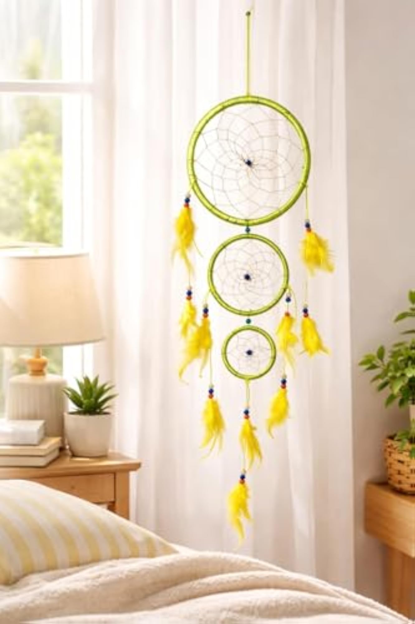 Handmade Rainbow Dream Catcher Wall Hanging with Blue Feathers