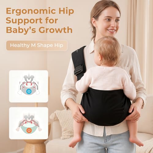 Baby Sling Carrier, Ergonomic Toddler Sling with Split Wide Shoulder Strap & Enhanced Back Support, Deep Wide Seat Design for 6–48 Months, Supports up to 44 lbs (Black)