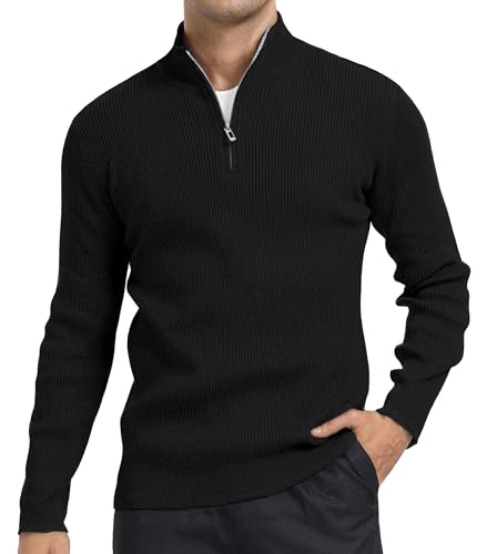 DAFENP Jersey Hombre Invierno Cuello Alto con Cremallera Suéter Punto Manga Larga Cálido Trabajo Pullover FS6783M-Black-XL