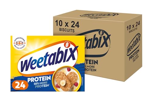 Weetabix Protein Pack of 10 x 24 Biscuits – High Protein Wholegrain Breakfast – Plant-Based Goodness – Low Sugar & High Fibre – 12g Protein per Serving – Source of Iron & Vitamin B1 – UK’s No.1 Cereal
