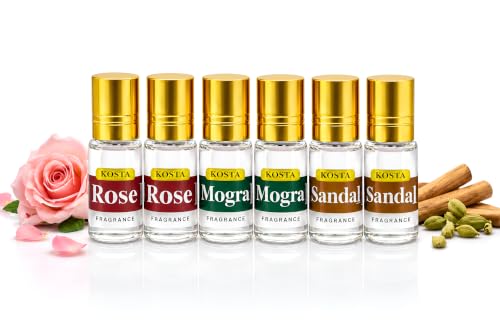 Image of KOSTA Attar Combo Pack of 6 (2ml Each) | Sandalwood (Chandan), Rose (Gulab) & Mogra Perfume Oils | Alcohol-Free Long Lasting Roll-On Attar for Men & Women