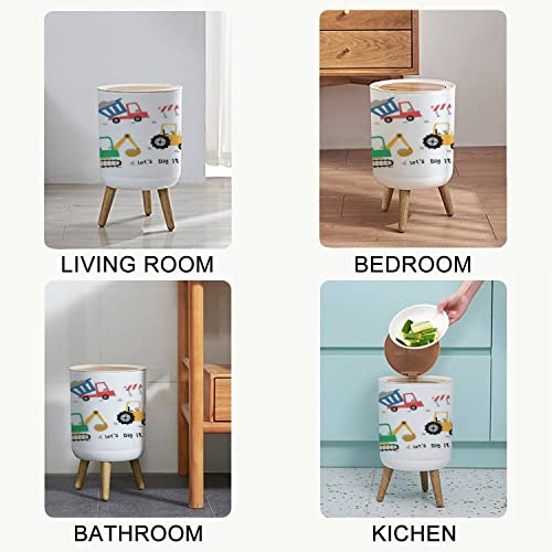 Image of Small Trash Can with Lid Cute Construction Trucks for Kids Round Recycle Bin Press Top Dog Proof Wastebasket for Nursery Playroom Bedroom Office 7L /1.8 Gallon