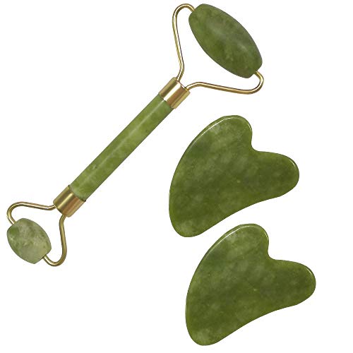 Jade Roller, Masajeador Facial Jade Roller, Natural Jade Roller Massager, con 2 espátulas de jade, antienvejecimiento, adecuado para la piel de la cara y el cuello. Meilo