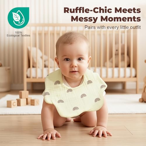 Image of SNOWIE SOFT 4Pcs Cotton Bibs for Baby 6 to 12 Months with Adjustable Snap Buttons, Soft Absorbent Feeding Cloth to Cover Baby Products Waterproof Bibs for Teething & Daily Use
