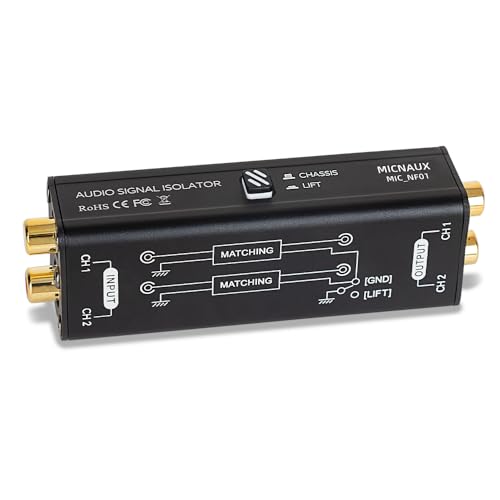 MICNAUX Audio Hum Eliminator Ground Loop Noise Isolator (No Affects Bass), Dual Channel Gold Coating Aluminum Shell Noise Filter for Speaker Home Car Audio System Theater Plug & Play (Black)