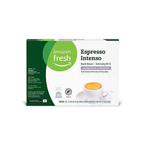 Amazon Fresh Espresso Intenso Dark Roast Aluminum Capsules, Compatible with Nespresso Original Brewers, Intensity 9/13, 50 Count (5 Packs of 10)