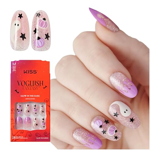 KISS Voguish Fantasy Halloween Press On Nails Mystery Purple Medium Oval Glow In The Dark Glossy Glitter Effect Pink Gel Nail Glue (2g) 28 Fake Nails
