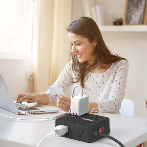 Image of Surge Protector Power Strip - 6 Ft Flat Plug Extension Cord with 8 Widely Outlets and 4 USB Ports(1 USB C), 3 Side Outlet Extender for Home Office, Black, ETL Listed