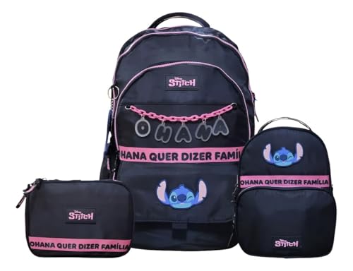 Kit Mochila De Costas Stitch Lancheira Térmica e Estojo Box 100 Pens (PRETO)