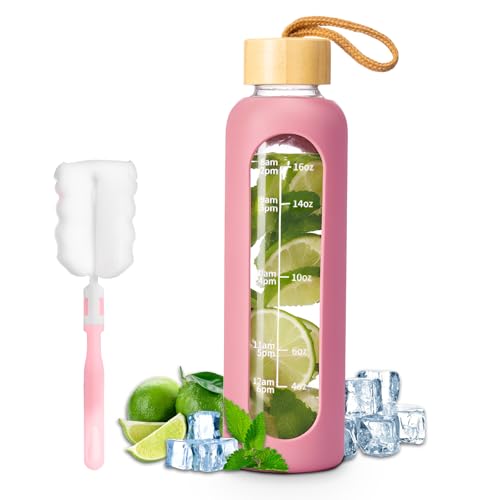 FrutPunch 18 OZ Glass Water Bottles, Water Bottle with Time Marker, Leakproof Glass Water Bottles...