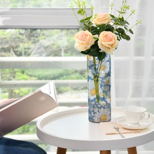 Jarrón decorativo para sala de estar con margaritas azules y diseño moderno 7