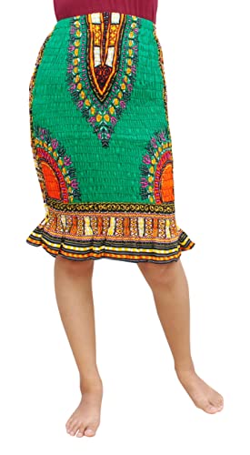 RaanPahMuang Ladies â€‹Tight Fully Smocked Pull in Skirt Frilled Dashiki Pattern Cotton