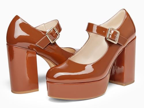 Image of Coutgo Womens' T-Strap Round Toe Chunky Platform Heels Patent Mary Jane Dress Shoes