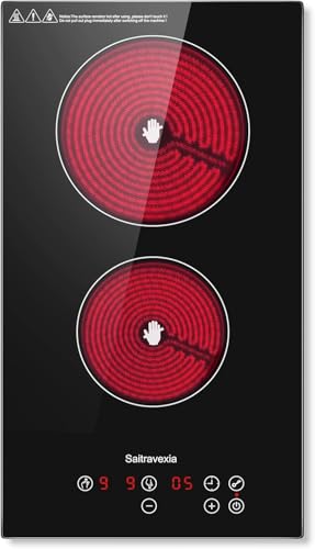 Saitravexia Electric Cooktop 2 Burners, 12 Inch Countertop Burner & Built-in Electric Ceramic Stovetop with 3000W & 9 POWER LEVELS, Timer, Touch Control 220-240V Hard Wire