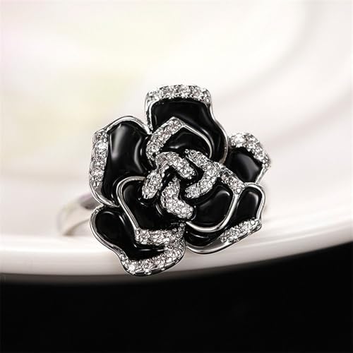 White Gold Plated Cubic Zirconia Vintage Black Enamel Flower Design Statement Ring Personalized Accessory Ideal for Women's Daily Casual Wear Party Holiday Anniversary Love Jewelry Gift4
