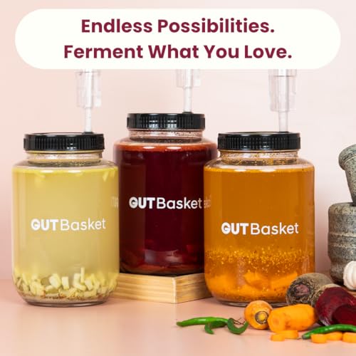 Image of Gutbasket Kanji Making Kit | 2L Glass Jars for Kanji (Set of 2) with Airlocks, Kanji Jar Lids, Recipe Book & Sea Salt | Perfect Kanji Jars for Fermentation & Gut Health