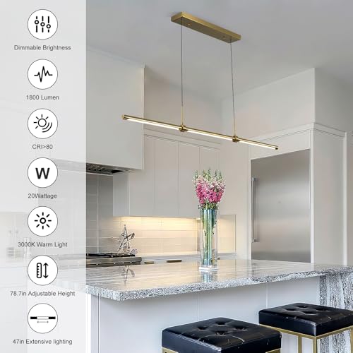 Edislive Modern Linear Led Island Light Dimmable Led Chandelier 47.24 In Adjustable Linear Hanging Light Fixture 3000K 20W Pendant Light For Dinning Room Kitchen,Gold thumb #4