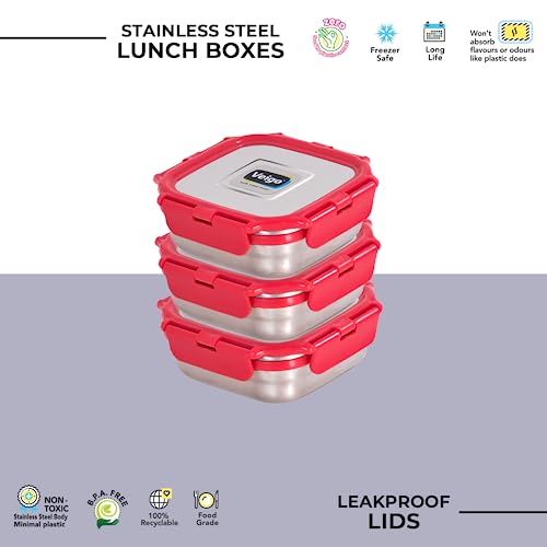 Image of Veigo Original Set Pack of 3 Stainless Steel Airtight & Leakproof Medium Lunch Box with Silicon Ring & Polymer Frame for Re-Heating|Safe Lid Lock|Square (330ML) Red