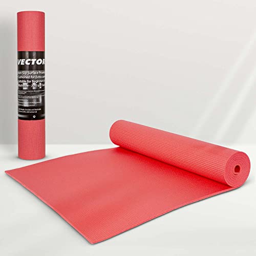 Image of Vector X Anti Skid PVC Exercise Yoga Mat for Men & Women, Extra Thick Mat for Workout Yoga Fitness and Pilates, Anti Tear Anti Slip For Home & Gym Use, Sizes - 4mm /6mm, (4MM, RED)