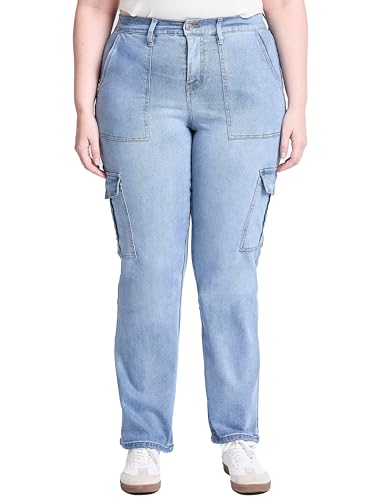 YMI Jeans Women's Plus High Rise Elastic Waist Cargo Straight Leg Jeans, C Sky Blue, 3X