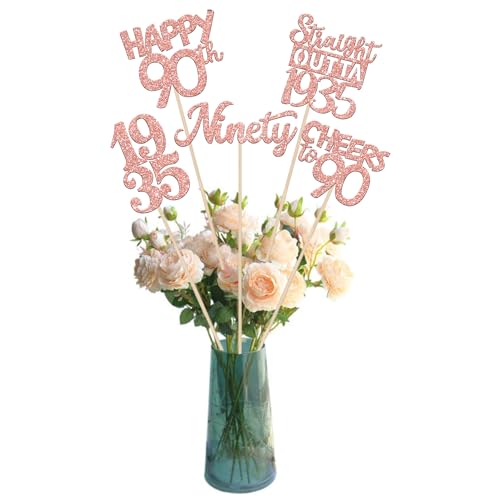 15 PCS 90th Birthday Centerpiece Sticks Ninety Happy 90th Straight Outta 1935 Table Flower Centerpieces Sticks Cheers to 90 Floral Decorations for 90th Birthday Party Centerpieces Supplies Rose Gold