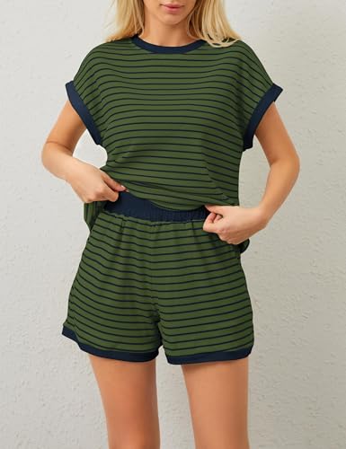 Image of Burtell Women Summer 2 Piece Lounge Sets Striped Short Sleeve Tee Shirts Mini Shorts Loungewear Shorts Set Ribbed Pajama Set