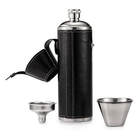 GENNISSY 10 OZ Black Bucket Hip Flask - PU Leather Stainless Steel Men Flasks for Liquor with Funnel and Cups Cover