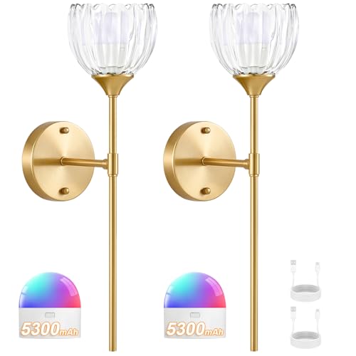 Image of Vintage Battery Operated Wall Sconce Set of 2, Clear Tulip Glass Lampshade Wireless 5300 mAh Rechargeable Battery Powered LED Wall Light with Remote Dimmable for Bedroom Bathroom Living Room