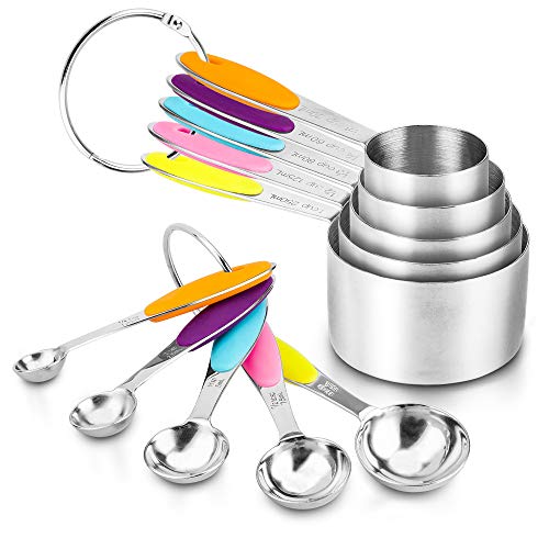 Measuring Spoons and Cups Set of 10, ENLOY Stainless Steel Measuring Cups & Measuring Spoons with Soft Silicone Handles and Clearly Scale, Nesting Liquid Measuring Cup Set or Dry Measuring Cups Set