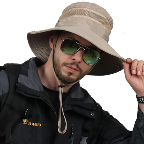 Image of STORE 2508 Wide Brim Sun Hat for Men and Women Outdoor Safari Hat with Adjustable Chin Strap Breathable Mesh Panels and Anti Sweat Band for Hiking Fishing Camping Beige