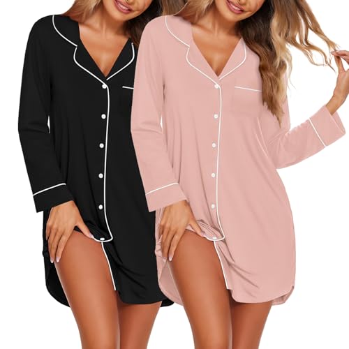 Chemises de nuit à manches longues Ekouaer col en V boutonné lot de 2 pour femme