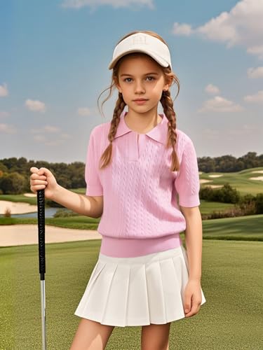 Girls Short Sleeve Polo Shirt Summer Knit School Uniform Blouse V Neck Cable Pullover Sweater Tops 5-14 Years2