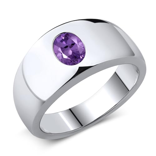 Gem Stone King Men's 925 Sterling Silver Purple Amethyst Ring | 1.15 Cttw | Oval 8X6MM | Gemstone February Birthstone | Available in Size 7,8,9,10,11,12,13
