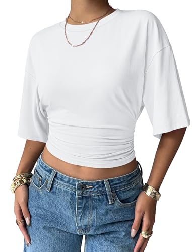 Sampeel Shirts for Women Trendy 2026 White T Shirts Crop Tops 2026 Fitted Summer Shirts Slim Fit Basic Tees Going Out Batwing Sleeve Womens Tops Tees and Blouses M