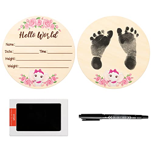 Image of R HORSE Hello World Newborn Announcement Sign with Ink Pad for Baby Hand and Footprints, Wooden Baby Birth Announcement Sign with Marker Pen, Baby Name Sign for Nursery Baby Shower Birthday Gift