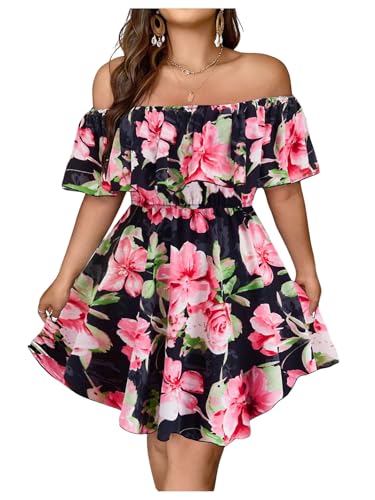 Image of WDIRARA Women's Plus Size Floral Print Ruffle Off The Shoulder Dress Boho Short Sleeve A Line Flowy Dresses