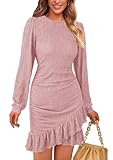 PRETTYGARDEN Women's Spring Fall Ruched Bodycon Mini Dress Long Puff Sleeve Ruffle Fitted Cocktail Party Dresses (Pink,Medium)