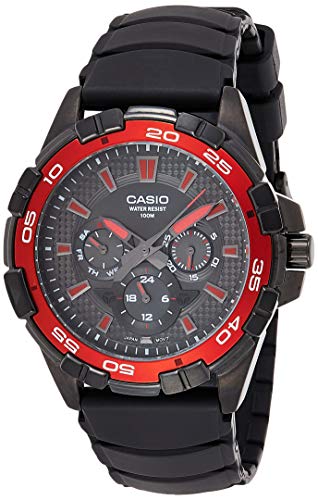 Casio Men's MTD1069B-1A2 Round Analog Black and Red Dial and Black Resin Strap