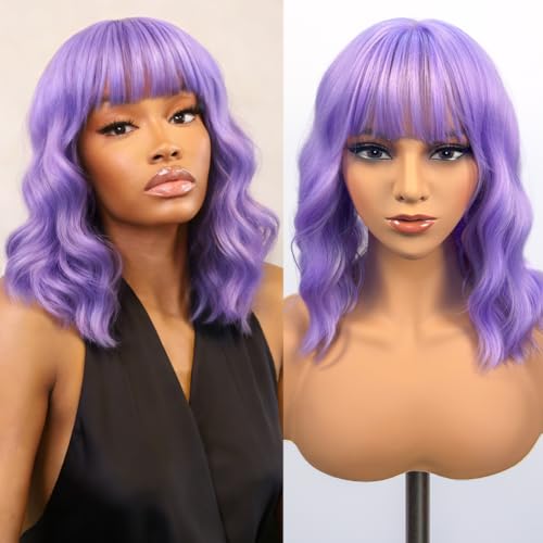 Synthetic Short Bob Wig with Bangs for Women Purple Color Loose Wavy Wig Shoulder Length Cosplay Daily Party Wig for Women (Purple Short)