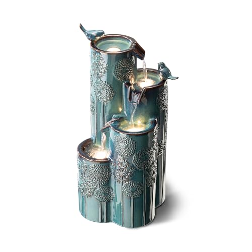 Glitzhome 31.75' H Outdoor Water Fountain with LED Lights and Pump, 4 Tier Dandelion Texture Vase Shaped Ceramic Floor Standing Fountain with Birds for Porch Deck Garden Patio Backyard, Turquoise