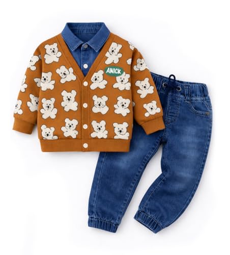 Image of Bold N Elegant Teddy Bear Cartoon Print Cardigan Jacket Attached Shirt & Denim Jeans Pant Winter Party Clothing Set for Boys Girls Kids