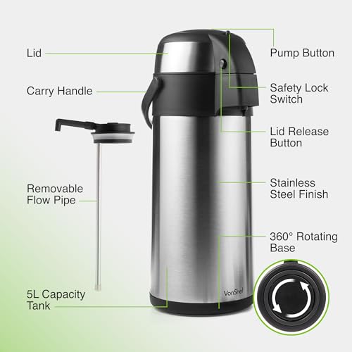 VonShef Airpot, 5L Stainless Steel Coffee Dispenser with Vacuum Pump, Double Wall Insulated Coffee & Tea Urn with Safety Lock & Carry Handle