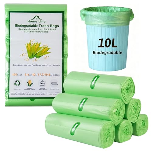 HOMELINE Bin Bags 10l Corn Starch Based Food Waste Bags Kitchen Bin Liners for Bathroom Living Room Kitchen Office 45 x 50cm 6 Rolls 20 Bags Per Roll (Green)