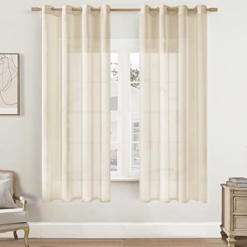 Softalker Rideau Voilage Beige 140x160 cm Semi-Transparent Rideaux Voilages à Oeillet en Effet Lin Rideaux Courts 2 Pièce pour Tringle Décorations...