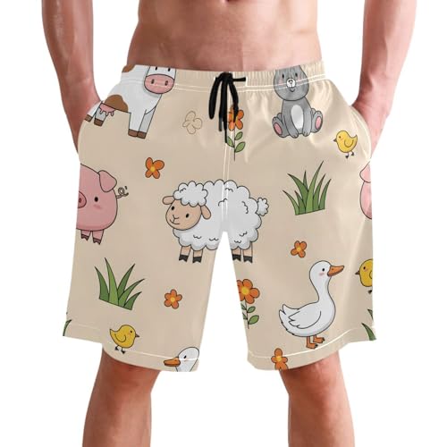 Men's Swim Trunks Quick Dry Swimming Shorts with Pocket Farm Animals on Pastel Swimsuit Trunks