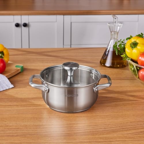 Karaca Elite 18 cm Stainless Steel Induction Stock Pot with Lid – Compact PFOA-Free Cookware for All Hob Types, Dishwasher Safe, Silver Finish