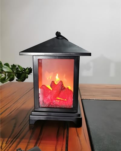 Image of Small Cozy Fireplace Lantern Traditional Realistic Log Wood Burning Flame Effect Ligh LED Charcoal Style Table LampFor Indoor & Outdoor Use