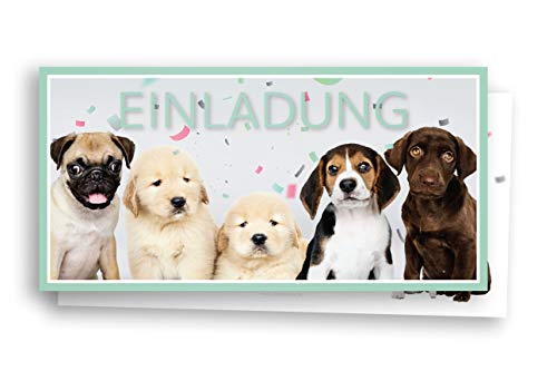 Friendly Fox 12 Einladung Hunde, Welpen Einladungskarten zum Kinder-Geburtstag Junge Mädchen, Geburtstagseinladung mit Briefumschlag, DIN lang